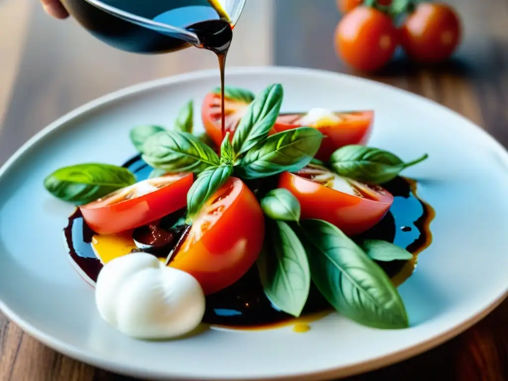 Un chef estrella rocía vinagre balsámico sobre una Caprese vibrante y colorida