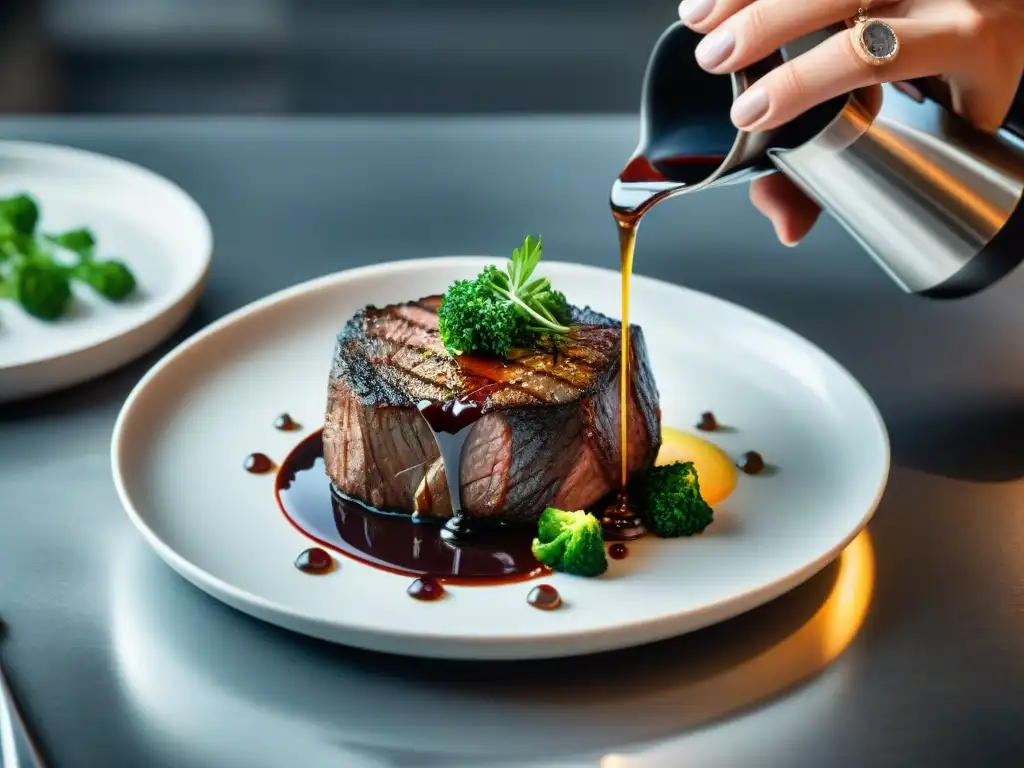 Un chef estrella vierte vinagre balsámico sobre filete, en una cocina elegante con utensilios de cobre brillante