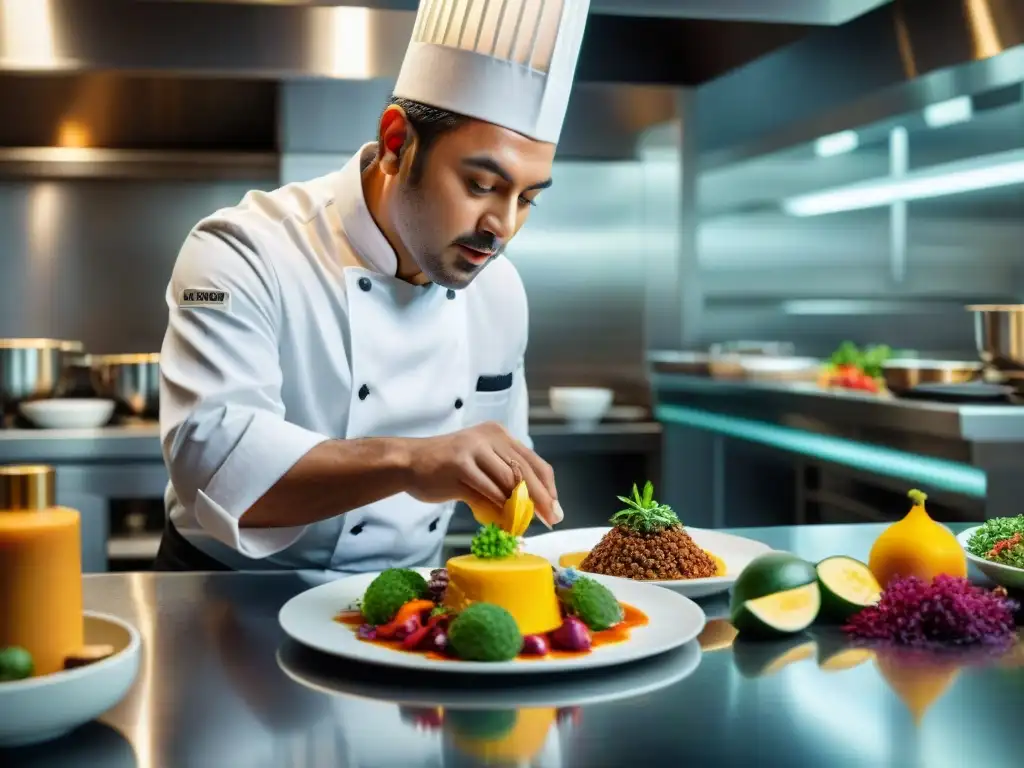 Chef experto creando plato gourmet en cocina de lujo Un chef estrella en su cocina de alta gama, creando una obra maestra culinaria con precisión y creatividad