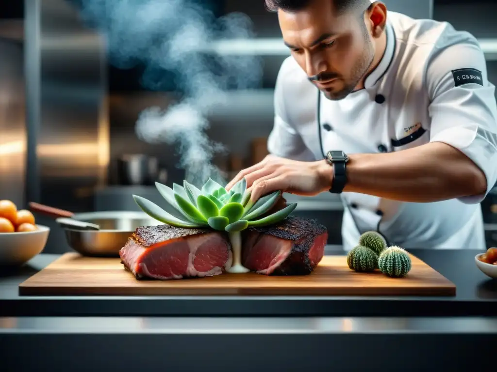 Chef estrella en cocina, preparando carne con técnica sousvide