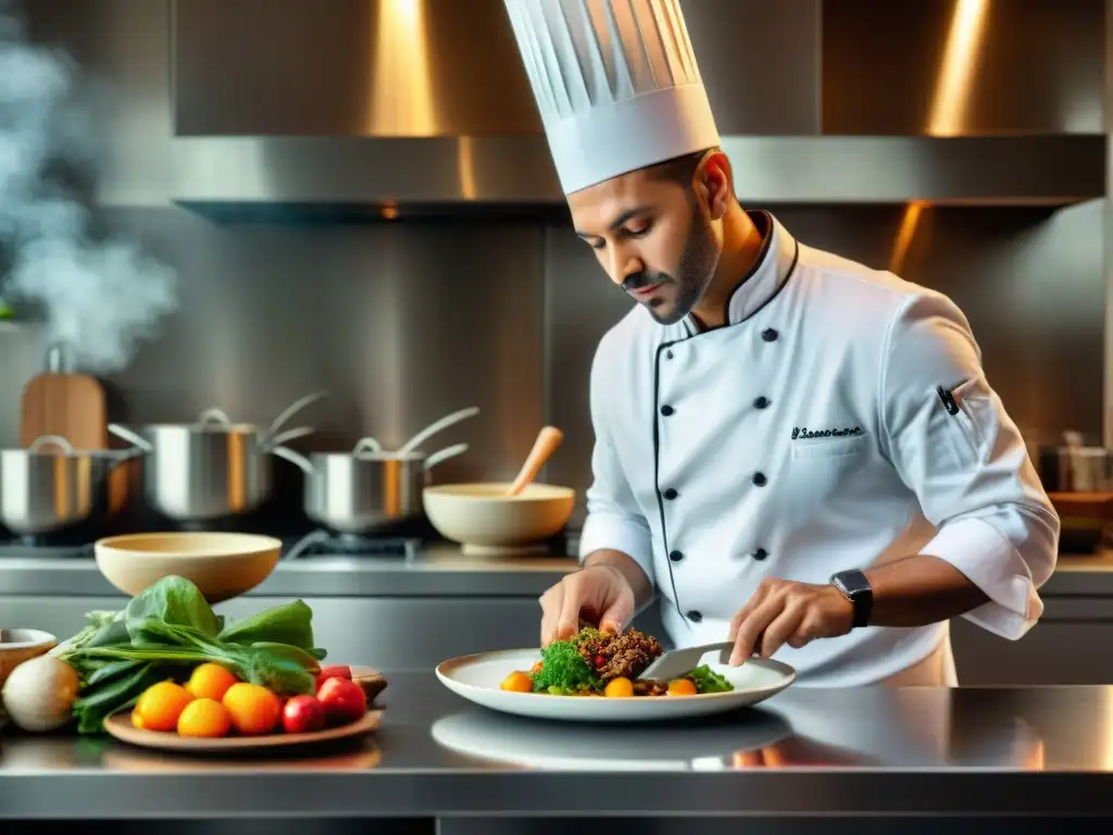 Un chef estrella en un elegante restaurante gourmet, creando platos con maestría en una cocina moderna y luminosa