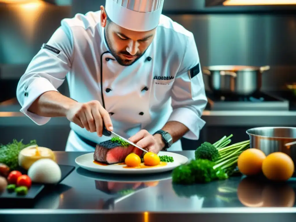 Un chef estrella en cocción sousvide, preparando un exquisito plato en una cocina moderna y elegante