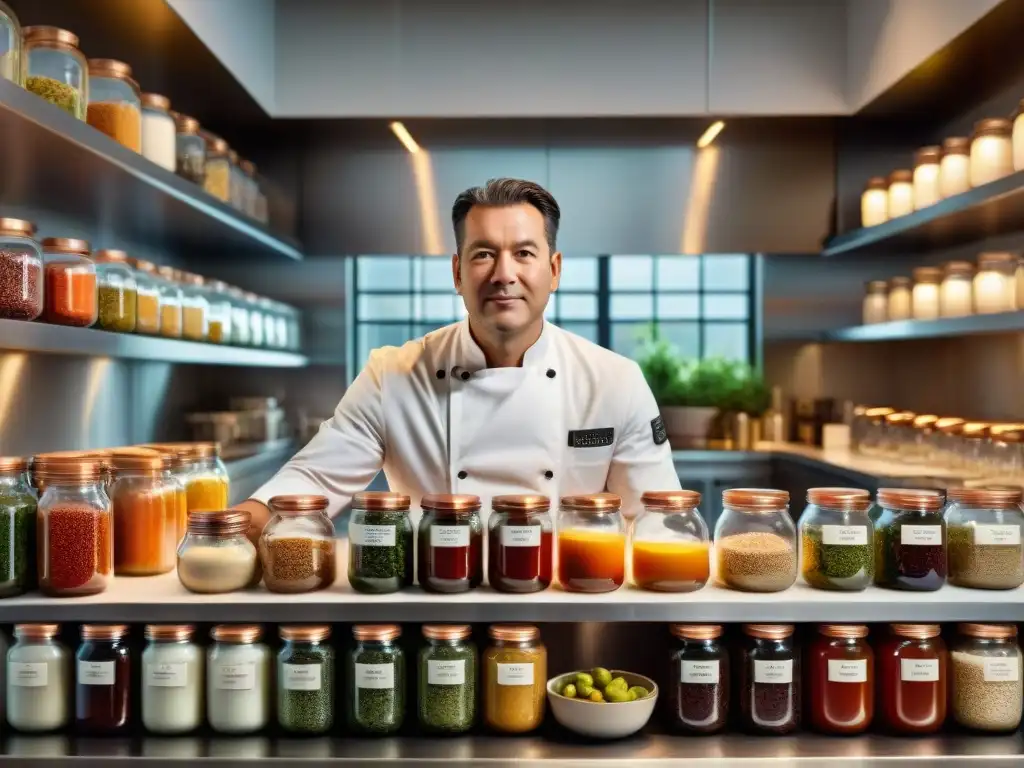 Un chef con estrella Michelin en una cocina de alta cocina, dominando la fermentación de ingredientes gourmet