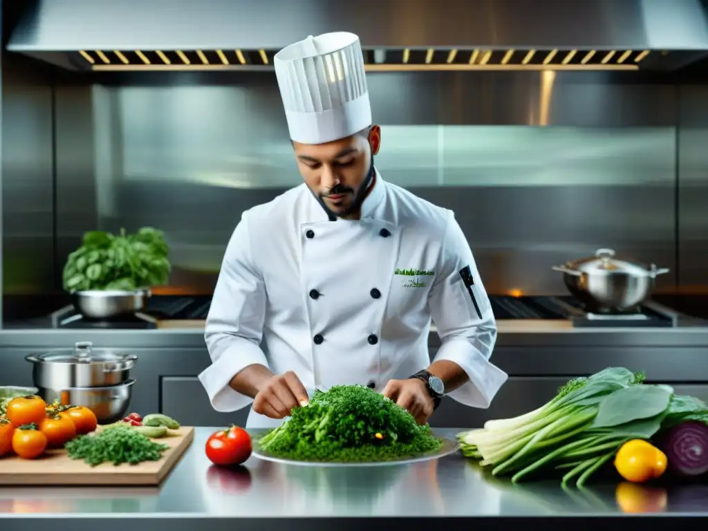 Un chef con estrella Michelin crea con esmero un exquisito plato vegano en una cocina de alta gama