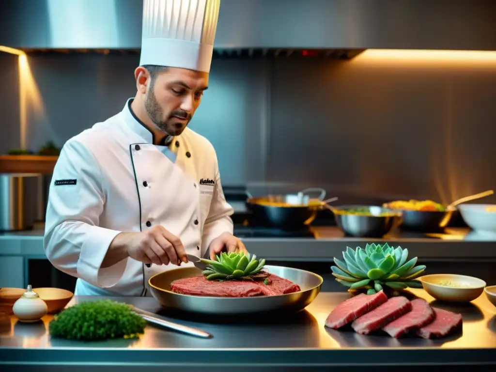 Un chef con estrella Michelin prepara un exquisito plato con carne cultivada en alta gastronomía en una cocina de vanguardia