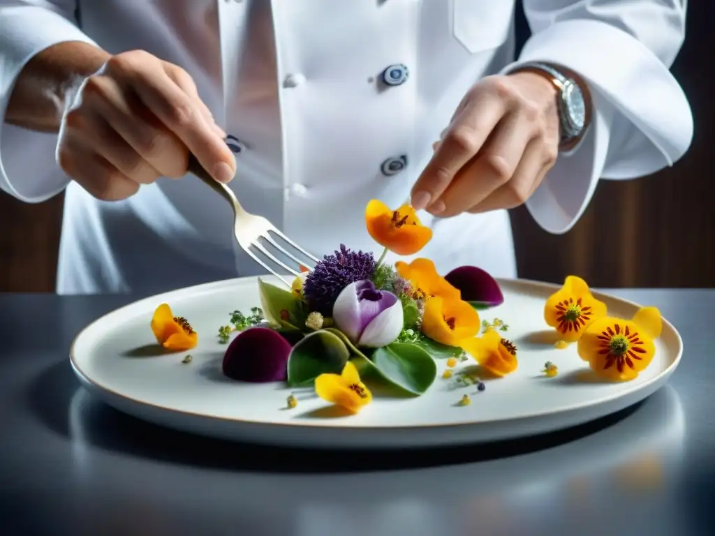 Chef de estrella Michelin preservación gourmet mediante liofilización con flores comestibles