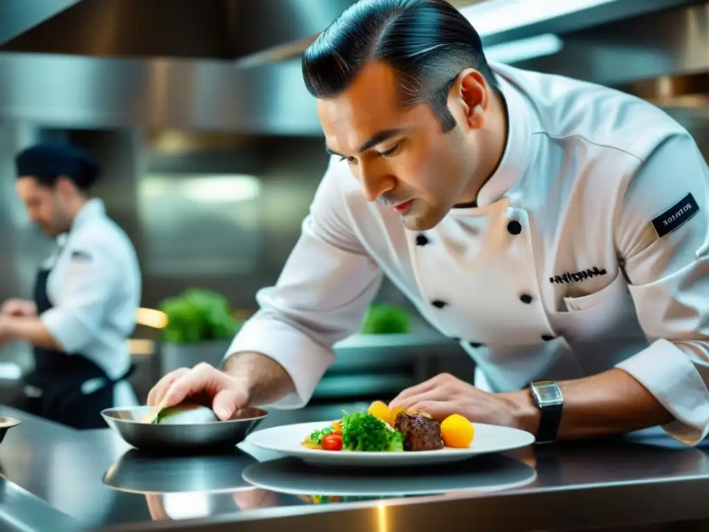 Un chef con Estrella Michelin preparando un plato exquisito en una cocina moderna, mostrando los secretos de la alta cocina