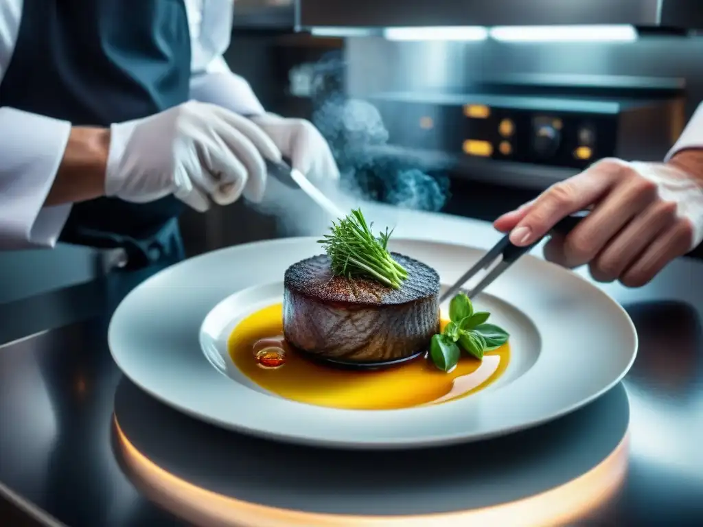 Un chef con estrella Michelin prepara un plato sous vide en una cocina moderna, mostrando la alta gastronomía del vacío