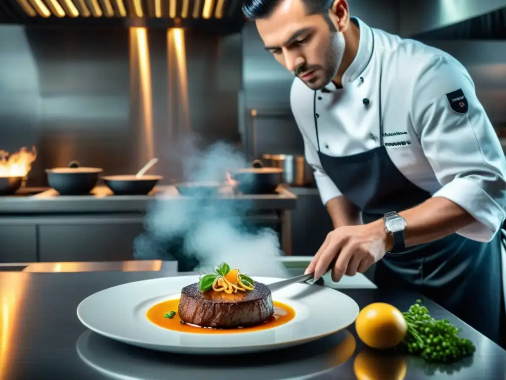 Un chef con estrella Michelin prepara un plato delicado en cocina de alta gama