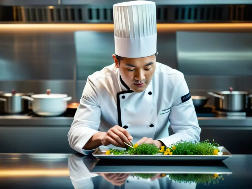 Un chef con estrella Michelin en un restaurante de alta tecnología, creando una obra de arte culinaria con precisión