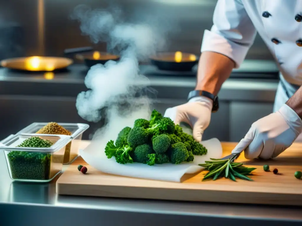 Un chef estrella en cocción sous vide prepara con precisión un plato gourmet en una cocina impecable