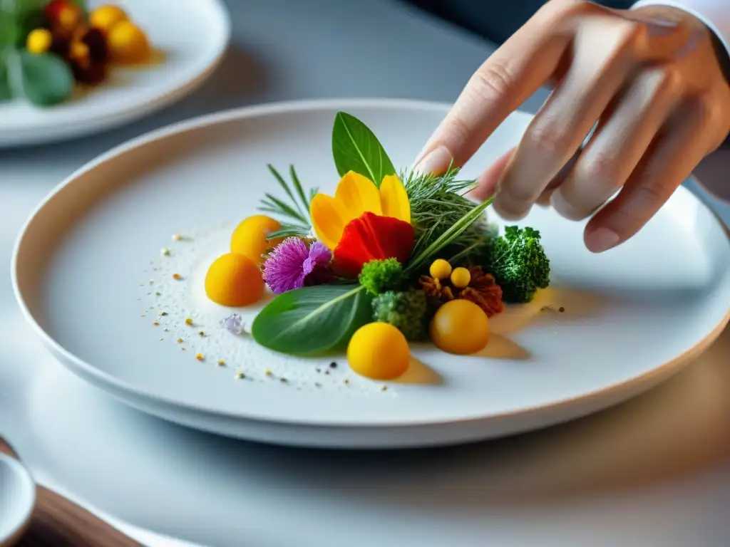 Un chef estrella desvela secretos emplatado con ingredientes vibrantes y coloridos en un plato blanco