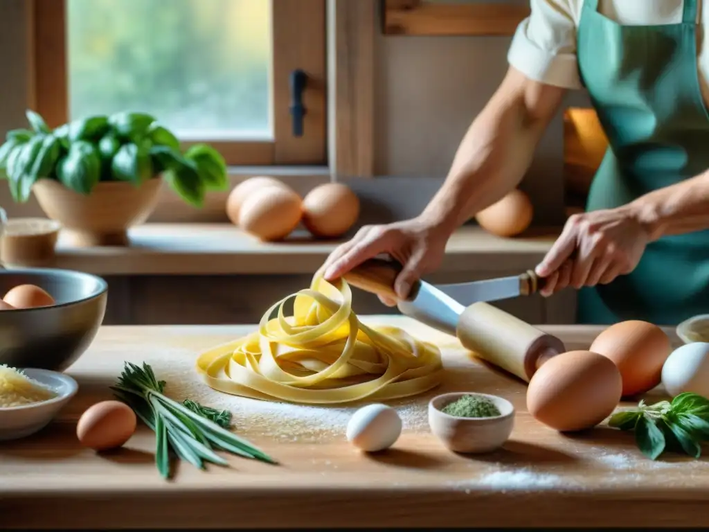 Un chef experimentado preparando auténtica pasta fresca italiana en detallada imagen de cocina rústica