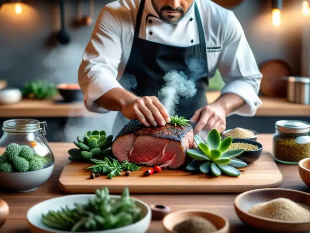 Un chef experimentado preparando carne para curar en salmuera, rodeado de hierbas frescas y especias