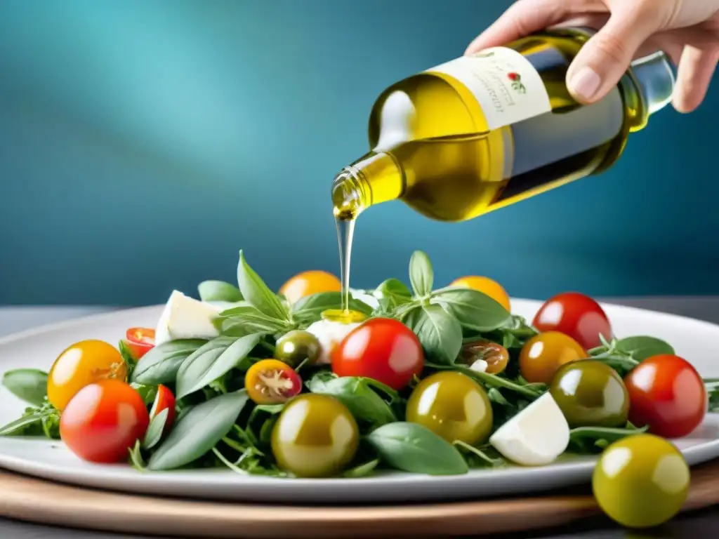 Un chef experto añade aceite de oliva gourmet a una colorida ensalada de tomates, rúcula, mozzarella y albahaca fresca