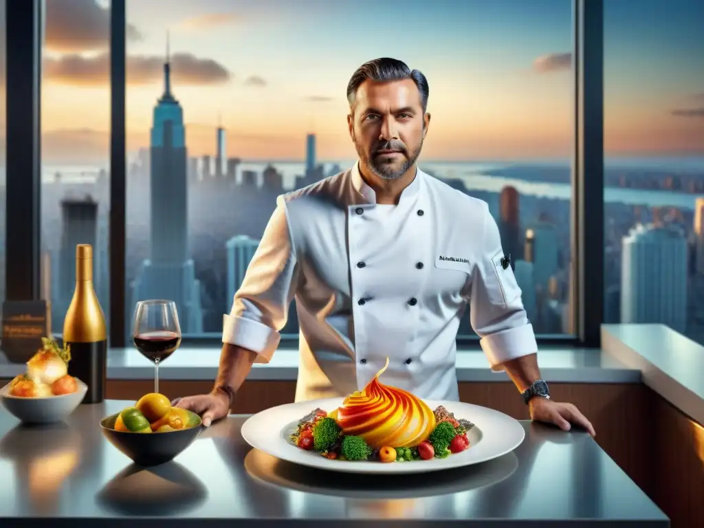 Un chef experto en alta cocina prepara un exquisito plato en una lujosa cocina moderna con vista a la ciudad