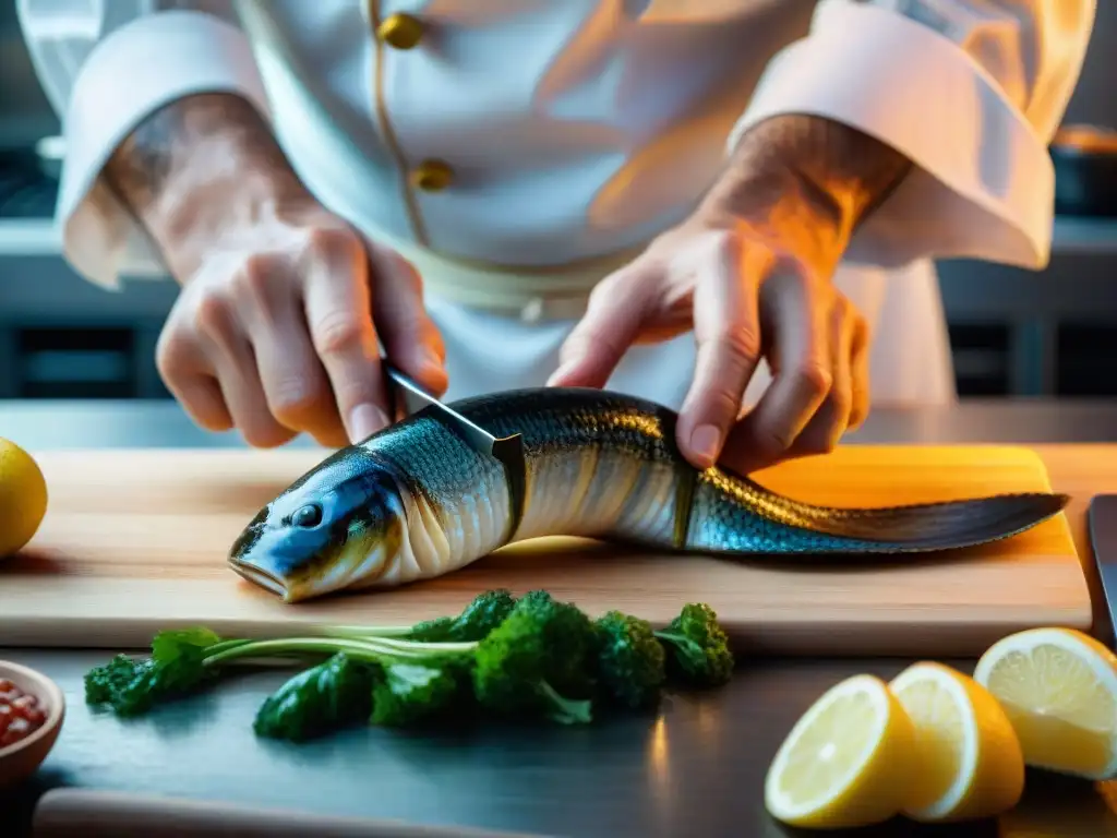 Un chef experto deshuesando una anguila fresca en una cocina profesional