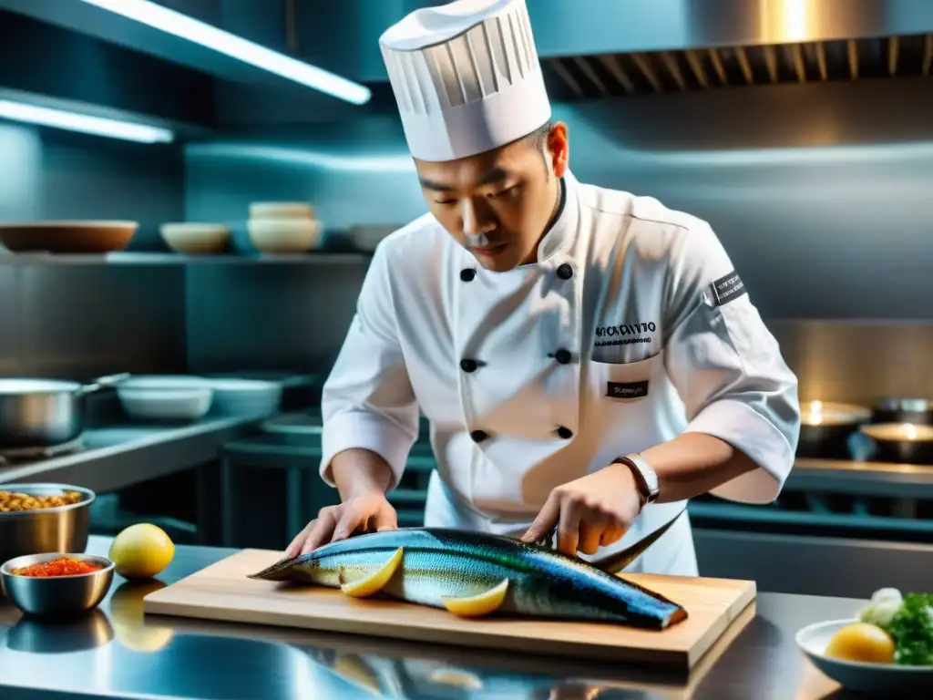 Un chef experto preparando una anguila gourmet con precisión y destreza en una cocina profesional