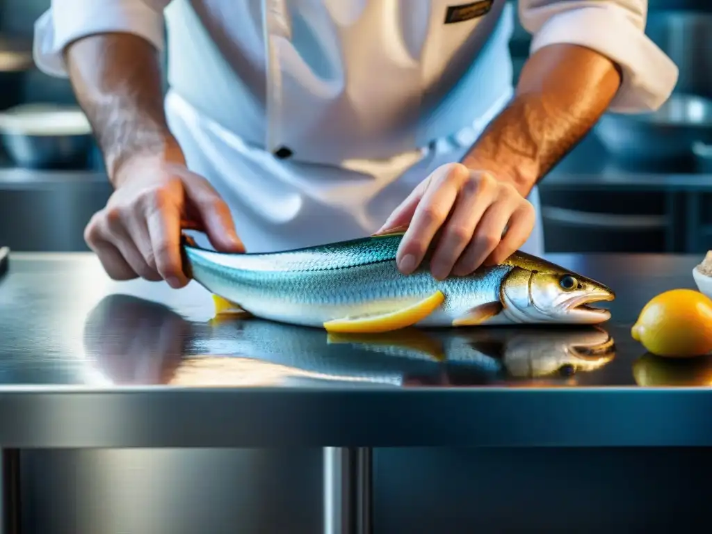 Un chef experto preparando una anguila gourmet con destreza y precisión en una cocina impecable de acero inoxidable