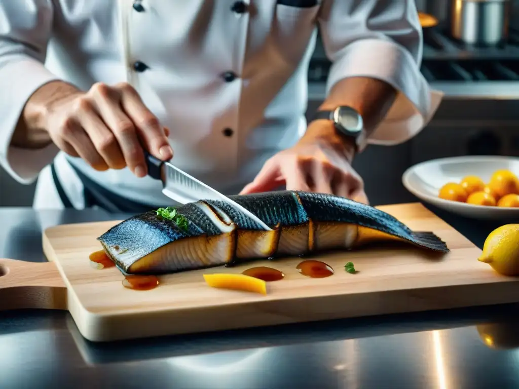 Un chef experto preparando una anguila gourmet con destreza en una cocina profesional