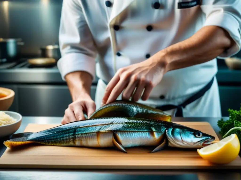 Un chef experto preparando una anguila gourmet con destreza en una cocina profesional