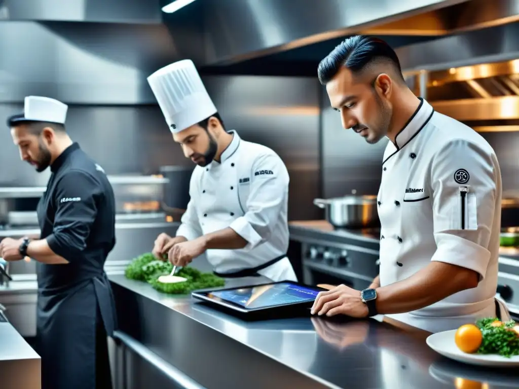 Un chef experto en gastronomía utilizando una app de cocina en una cocina de alta tecnología