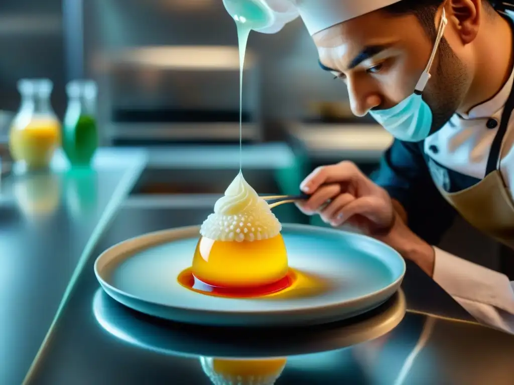 Un chef experto creando arte de gelatina en una cocina profesional impecable, con colores vibrantes y patrones intrincados