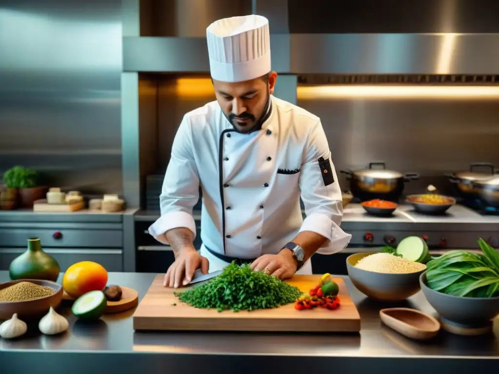 Chef experto incorpora asafétida en cocina internacional vibrante Un chef experto incorpora asafétida en una cocina internacional bulliciosa, destacando su esencia en la gastronomía global
