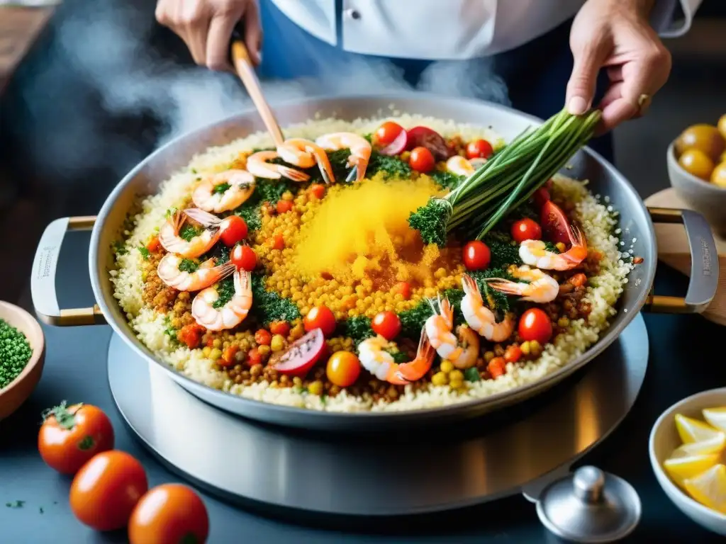 Un chef experto esparciendo azafrán sobre una paella humeante en un mercado español, rodeado de ingredientes frescos