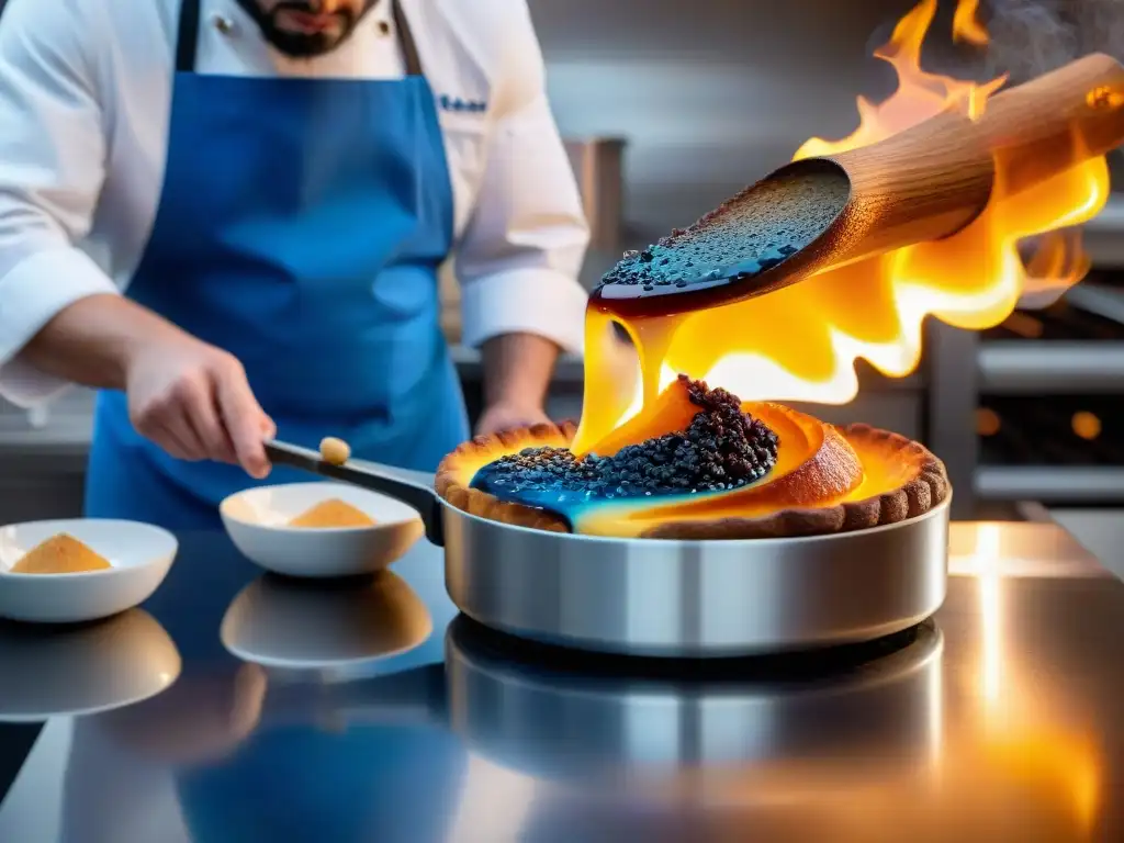 Cómo lograr caramelización sin azúcar: Chef experto caramelizando crème brûlée con precisión y arte, bajo intensa llama azul en cocina moderna