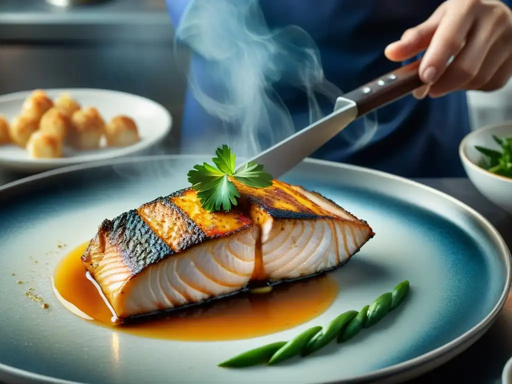 Un chef experto logra una cocción perfecta en pescado gourmet, con una costra dorada y vapor aromático, demostrando maestría culinaria