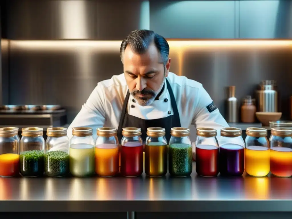 Un chef experto dominando la fermentación en una cocina de alta cocina