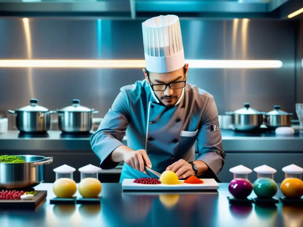 Chef de la alta cocina molecular: innovación gastronómica en acción Un chef experto en una cocina de alta tecnología, creando platos vanguardistas con ingredientes de la gastronomía molecular