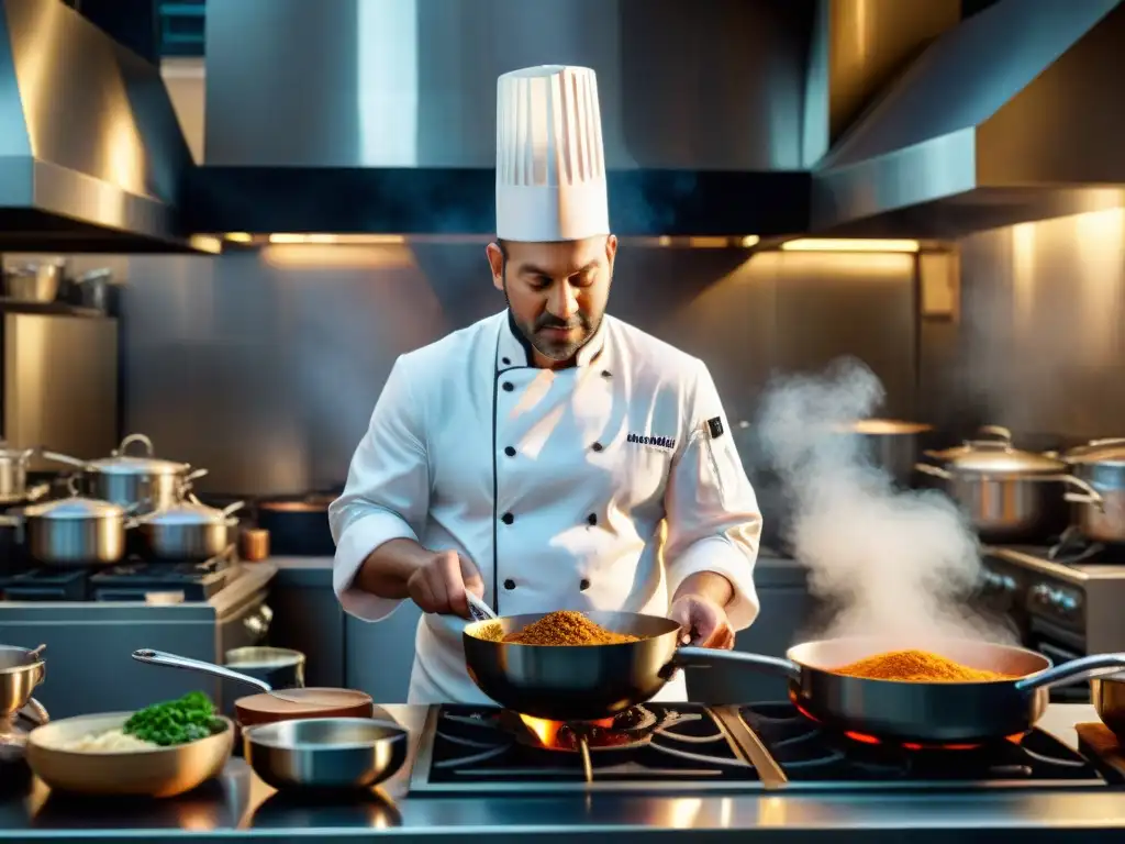 Un chef experto en una cocina bulliciosa, creando una obra maestra culinaria con pasión y destreza