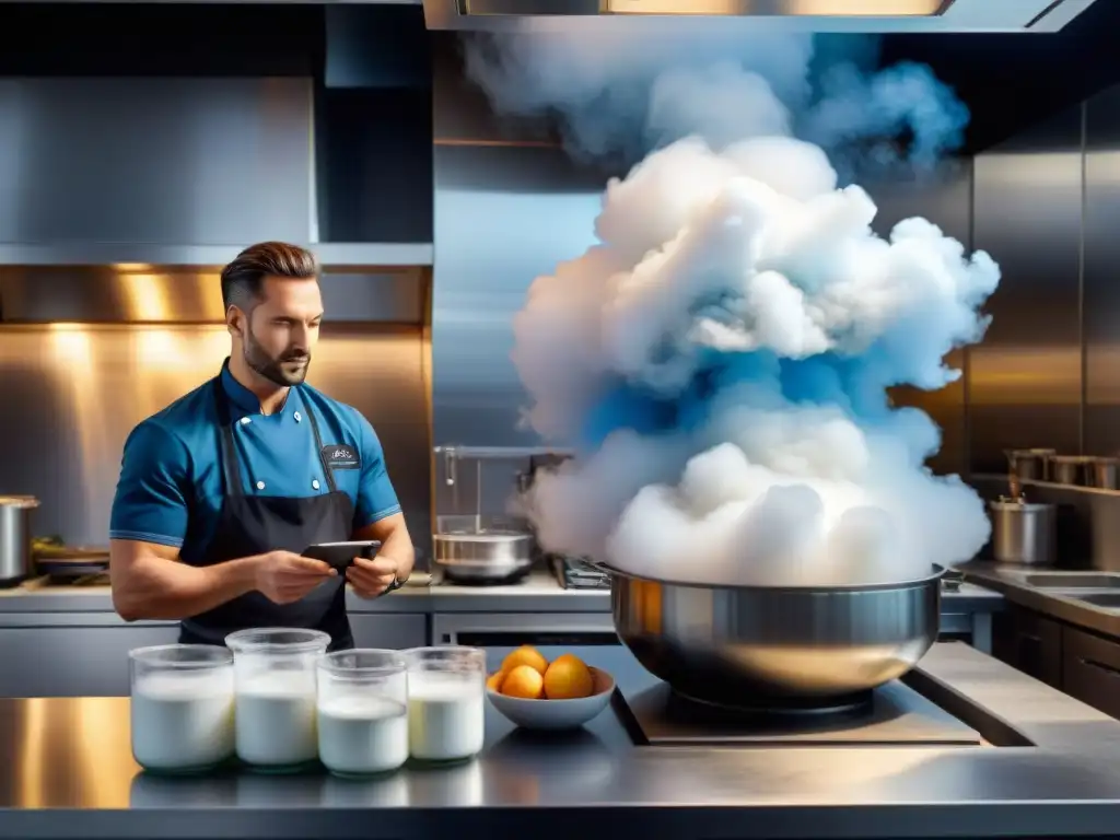 Chef experto en cocina moderna utilizando nitrógeno líquido en su laboratorio culinario de vanguardia