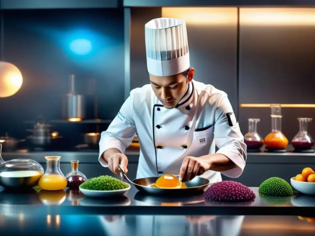 Un chef experto en gastronomía molecular experimenta en una cocina moderna con precisión y elegancia, fusionando arte y ciencia en alta cocina