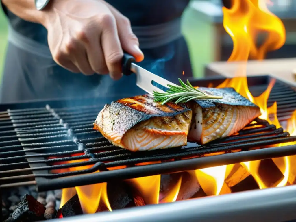 Un chef experto cocina a la parrilla un filete de pescado gourmet con precisión y maestría, destacando la cocción perfecta pescados gourmet