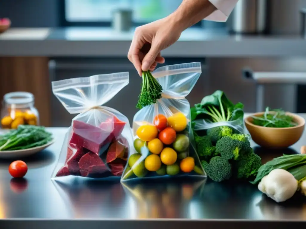 Un chef experto en cocina al vacío cuidadosamente preservando ingredientes frescos en bolsas transparentes en una cocina moderna