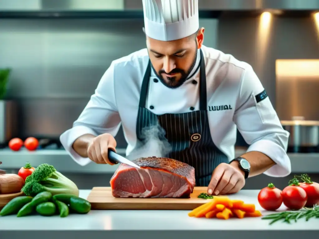 Un chef experto en cocina al vacío vaciopackea carne, destacando la precisión y pericia