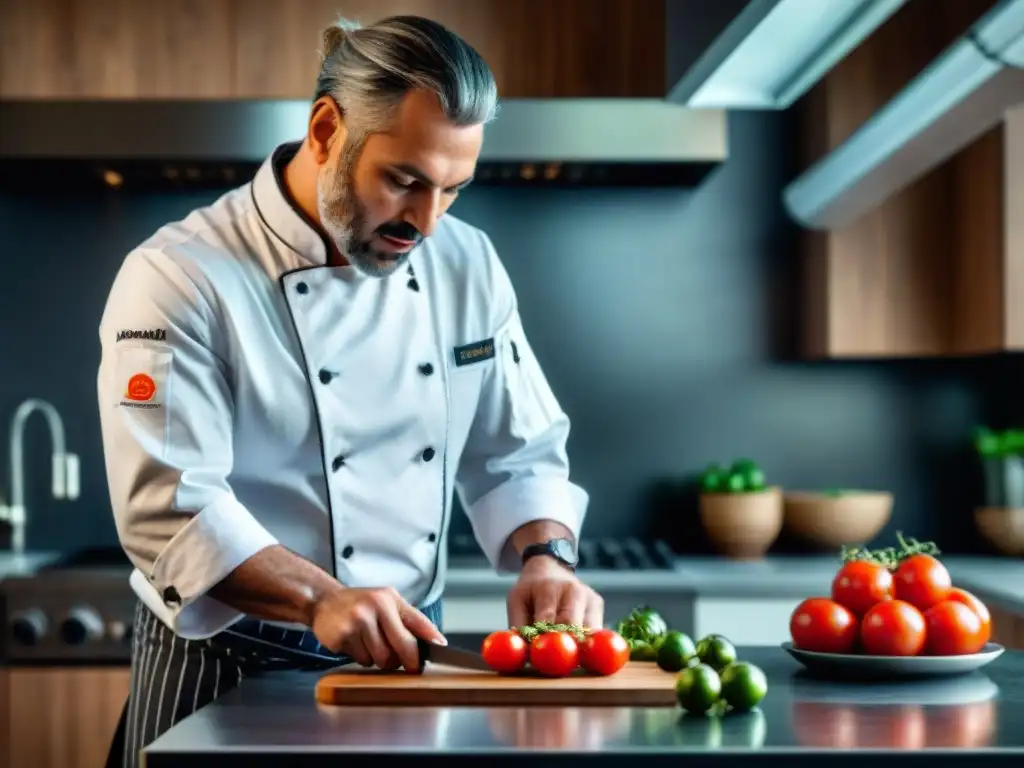 Un chef experto corta con precisión un tomate maduro, destacando la calidad de los Sets de cuchillos chefs gourmet