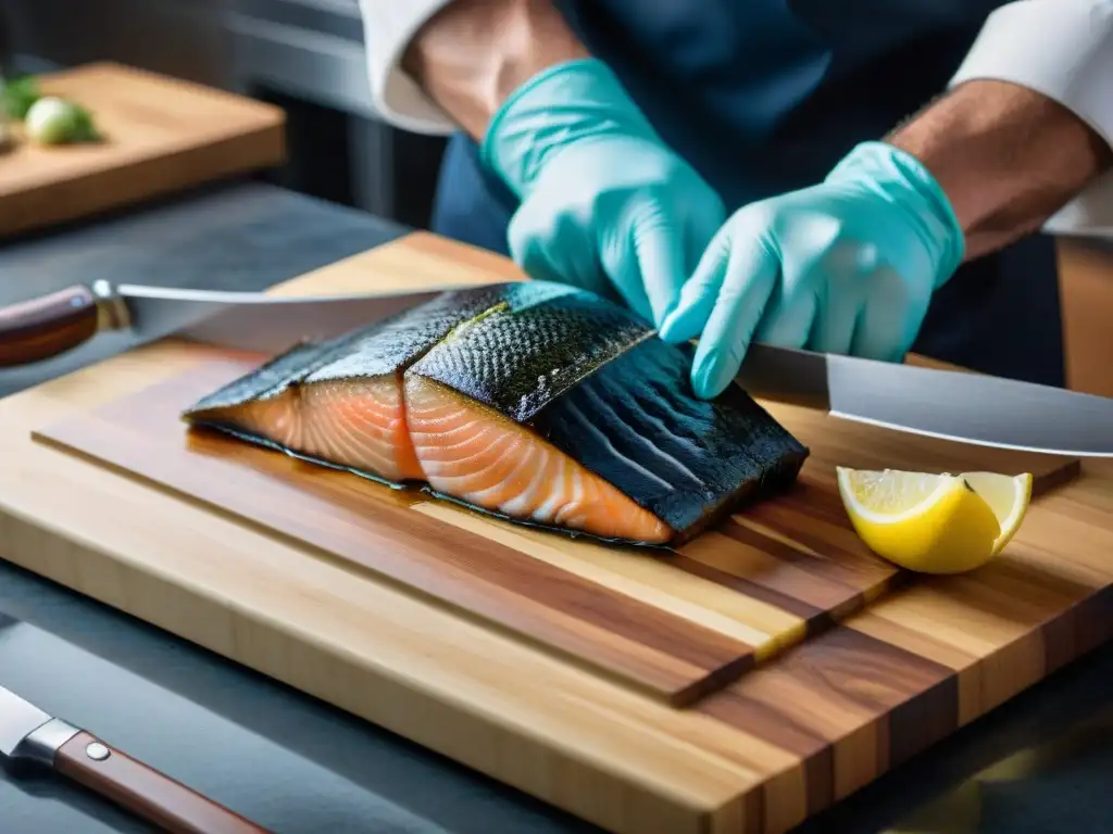 Un chef experto corta con precisión un filete de Bacalao Negro Ártico en una escena culinaria de maestría gourmet