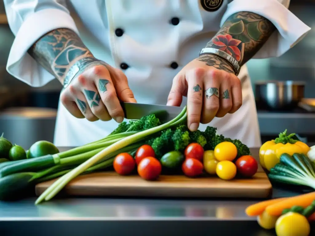 Un chef experto corta verduras con destreza y precisión, sus manos tatuadas cuentan su historia