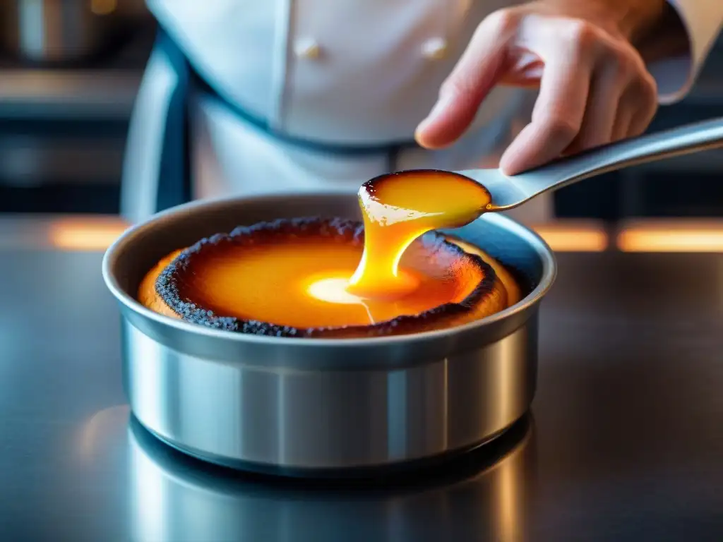 Un chef experto caramelizando un crème brûlée con soplete