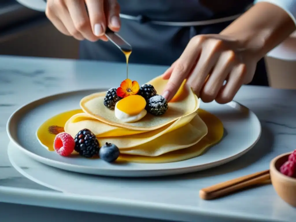 Un chef experto prepara crepes japoneses gourmet exquisitos en una cocina elegante y moderna