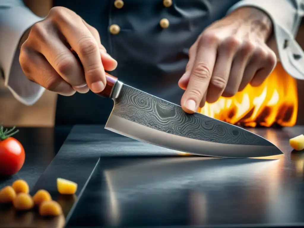 Un chef experto afila con maestría un cuchillo de acero Damasco en una piedra de afilar, en una cocina gourmet