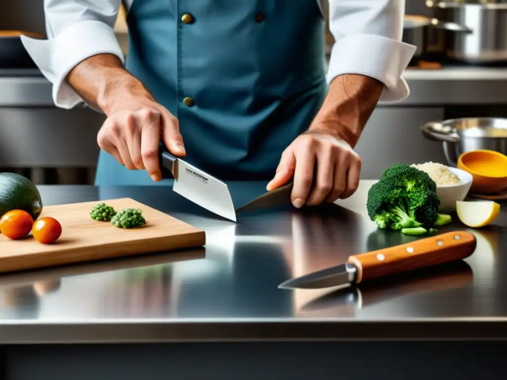 Un chef experto afila un cuchillo de alta gama con precisión en una cocina profesional