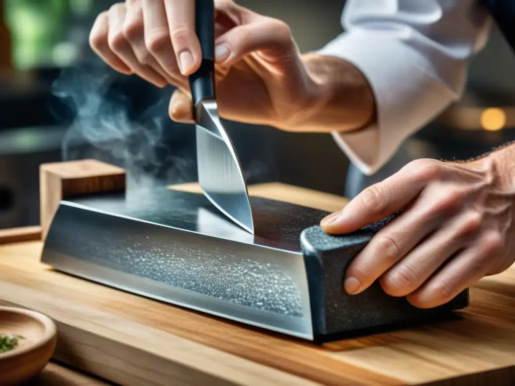 Un chef experto afilando un cuchillo de chef en una piedra japonesa, en una demostración de precisión y arte