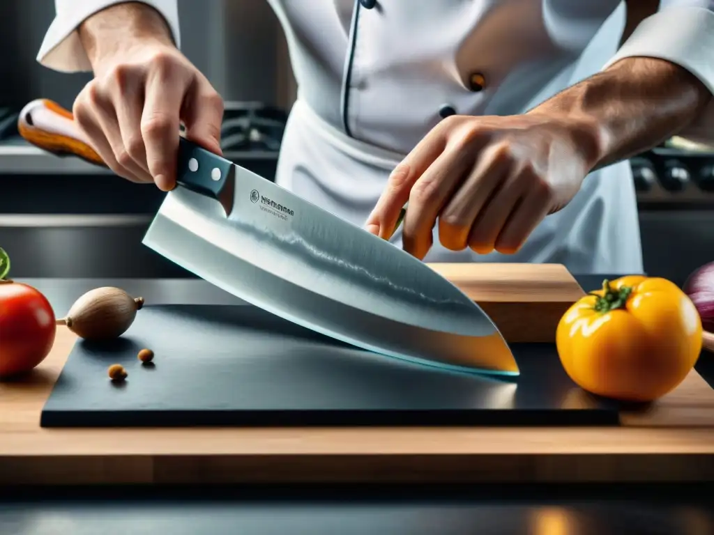 Un chef experto afila un cuchillo gourmet en una piedra con destreza y precisión