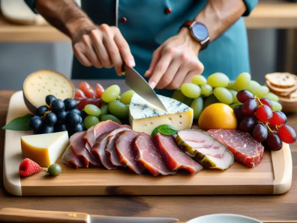 Chef experto arregla con cuidado embutidos, quesos y frutas en tabla rústica