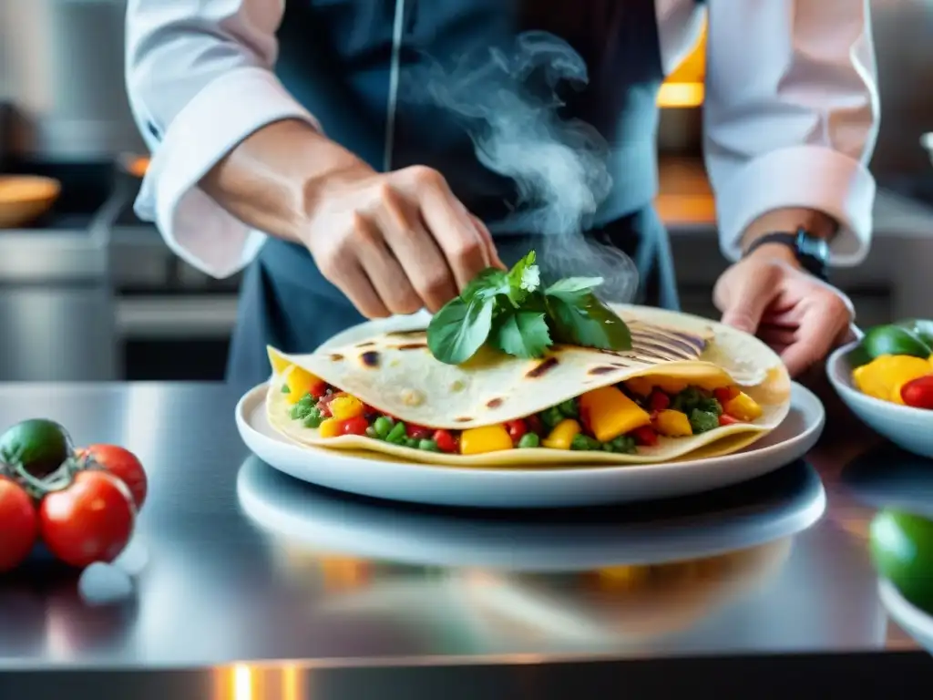 Un chef experto creando una deliciosa tortilla fusión en una cocina moderna